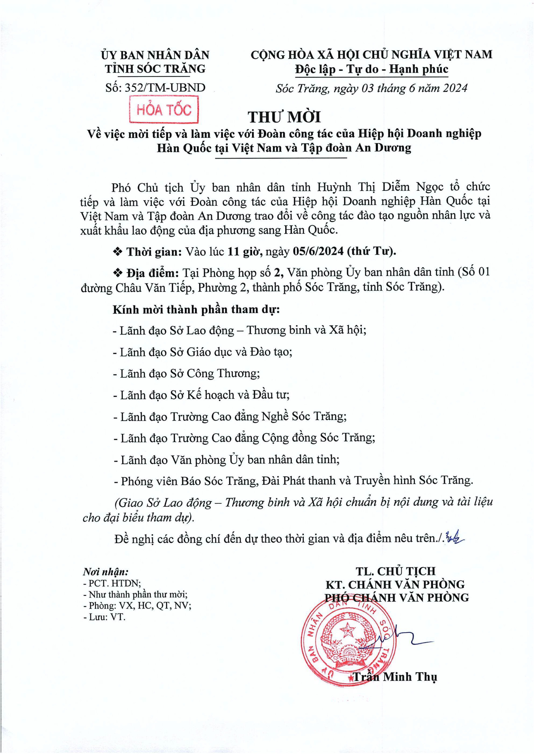 Công văn của UBND tỉnh Sóc Trăng về việc mời tiếp và làm việc với Đoàn công tác của Hiệp hội Doanh nghiệp Hàn Quốc tại Việt Nam và Tập đoàn An Dương.